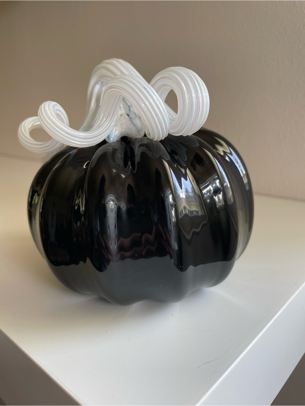 Handcrafted Black Glass Pumpkin with White Swirl Stem